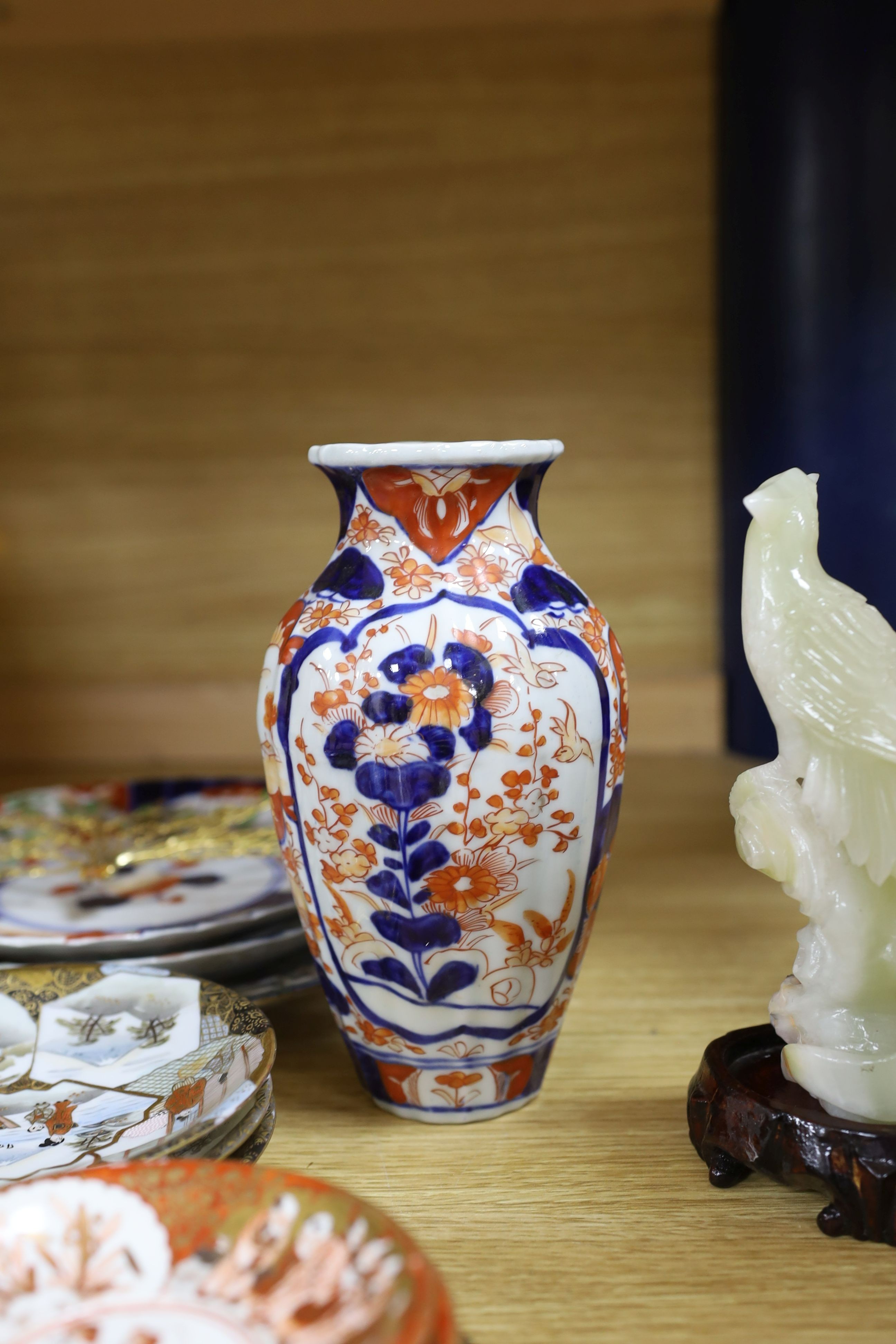 Selection of various Chinese and Japanese ceramics, together with a jade elephant and bowenite figure